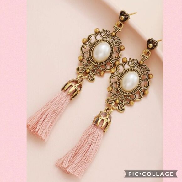 New Boho Pink Tassel Pearl Drop Earrings - Picture 1 of 4
